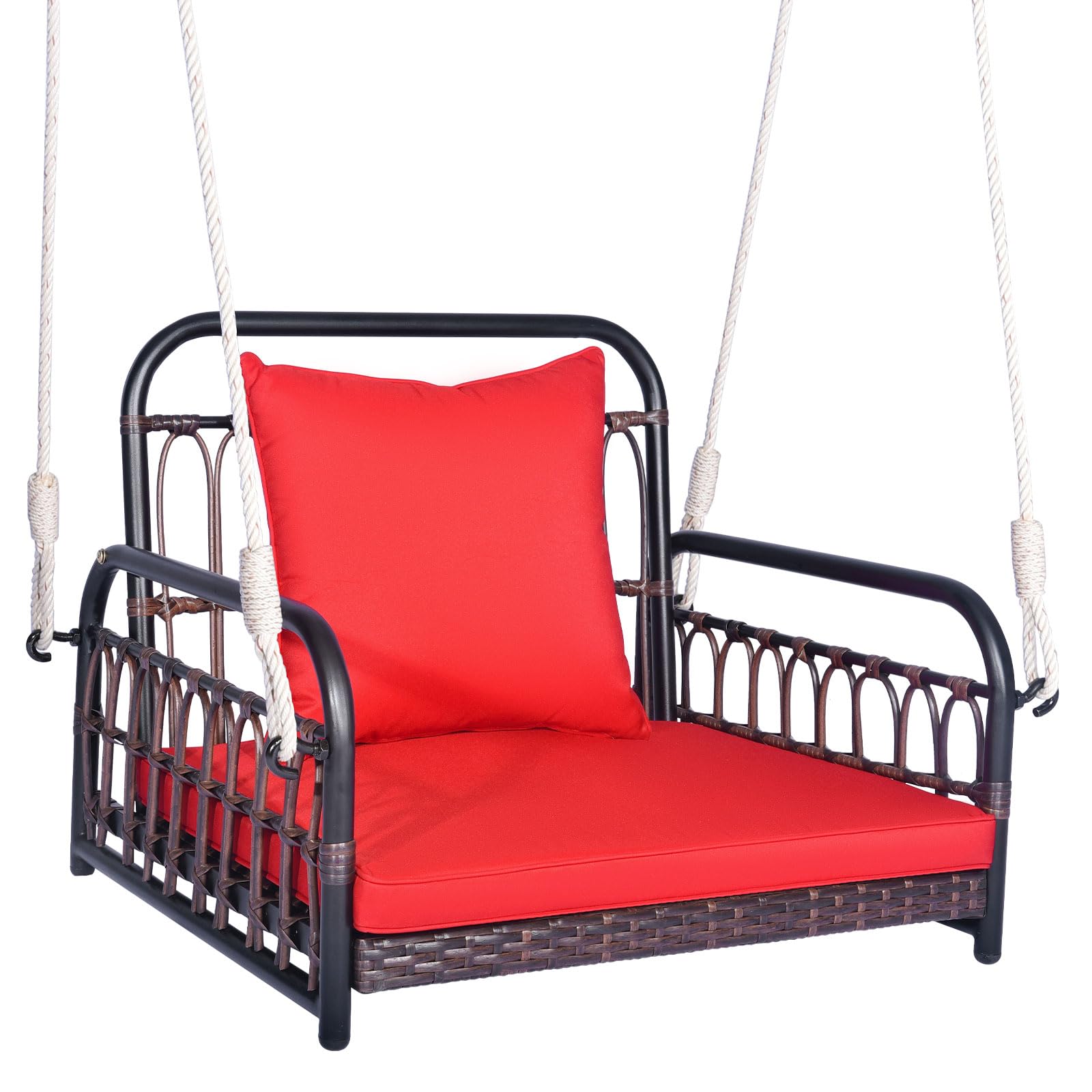 Tangkula Patio Wicker Porch Swing, Single Person Hanging Seat with Seat & Back Cushions